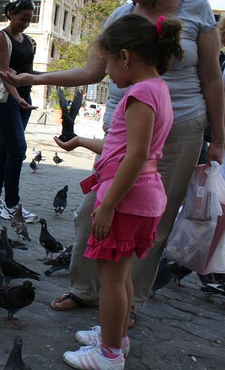 niña alimentando a una paloma